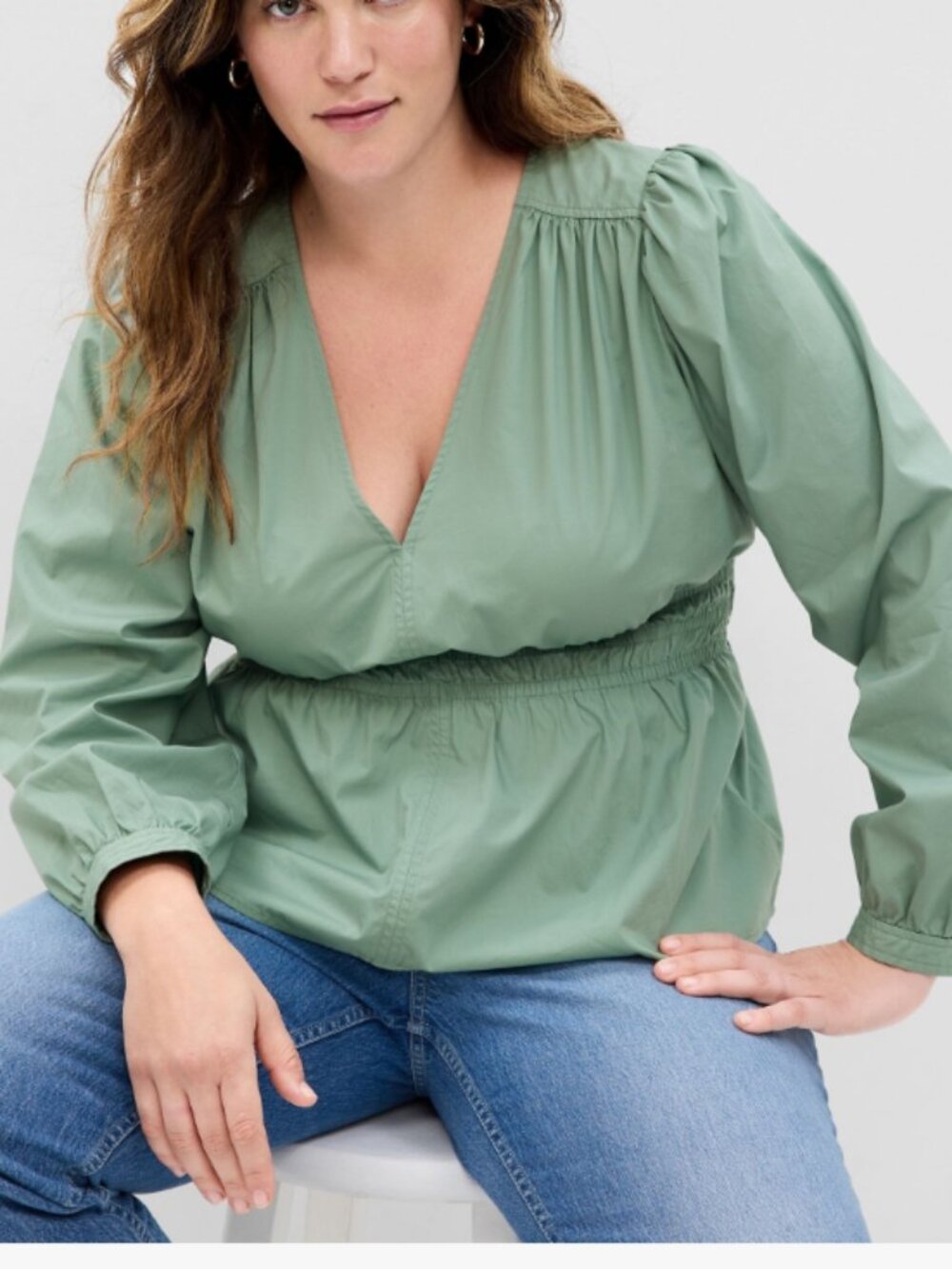 Gap Women's 2X Puff Sleeve Peplum Top Sage Green 100% Cotton